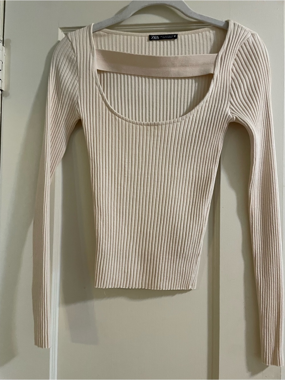 Zara Ribbed Scoop Neck Long Sleeve Top in Blush